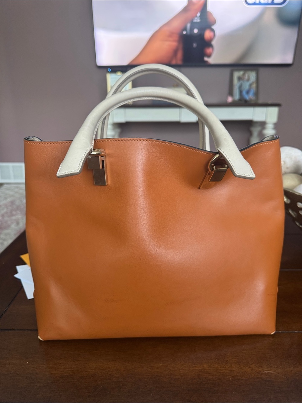 Chloe Baylee Two-Tone Satchel in Tan with Cream Handles